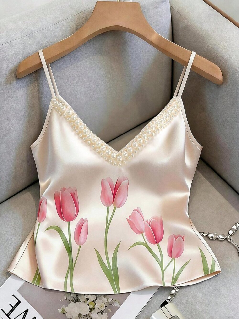 Champagne Casual Women's pearl detailled Spaghetti Strap cami Top
